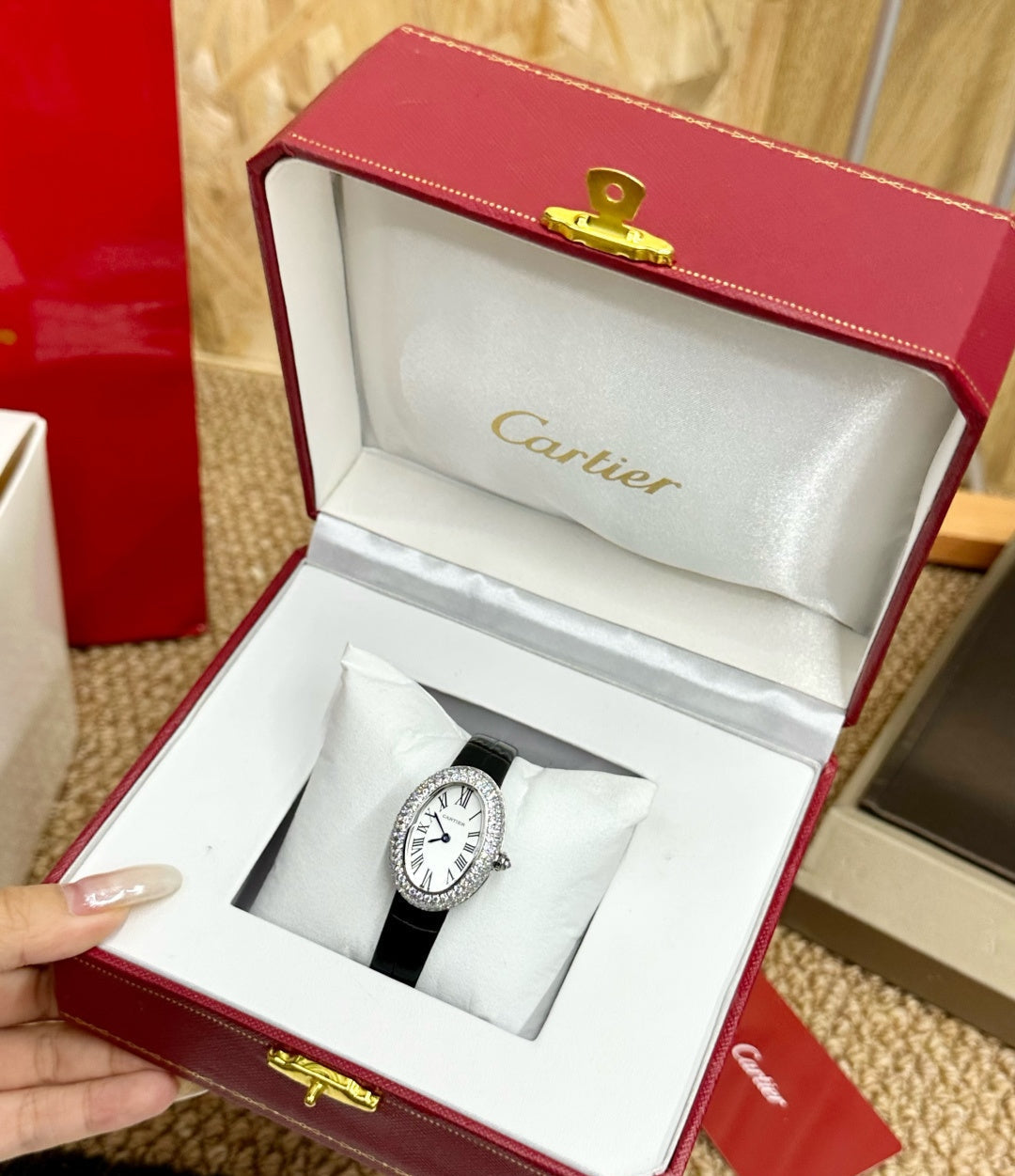 Cartier Baignoire Ladies Diamond Watch – Black Leather Strap