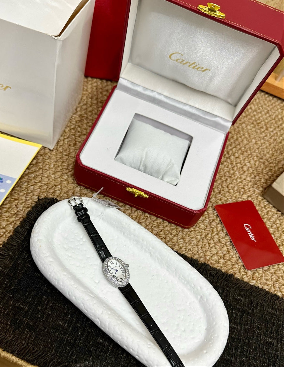 Cartier Baignoire Ladies Diamond Watch – Black Leather Strap