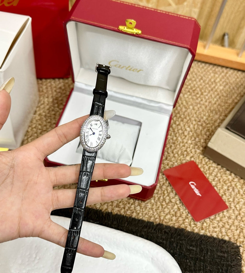 Cartier Baignoire Ladies Diamond Watch – Black Leather Strap