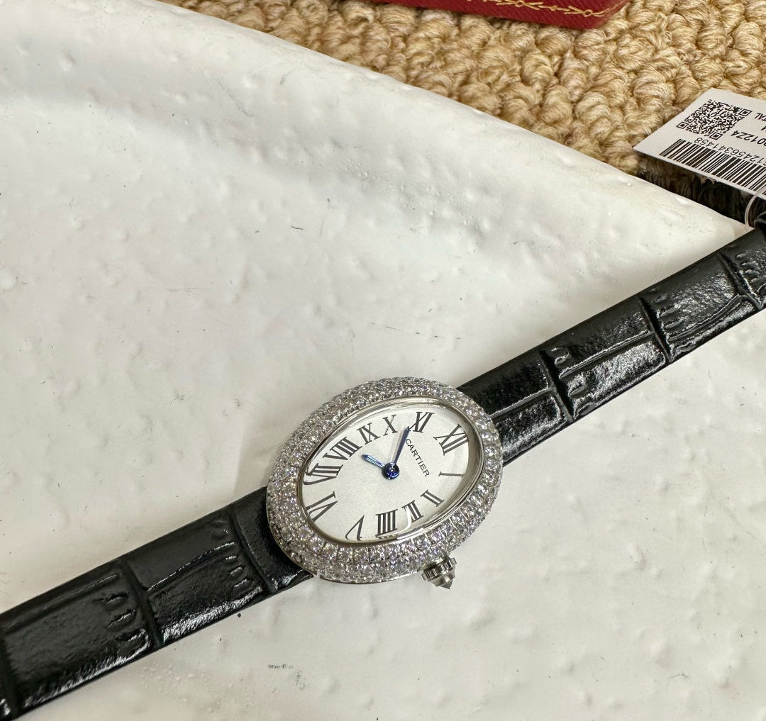 Cartier Baignoire Ladies Diamond Watch – Black Leather Strap