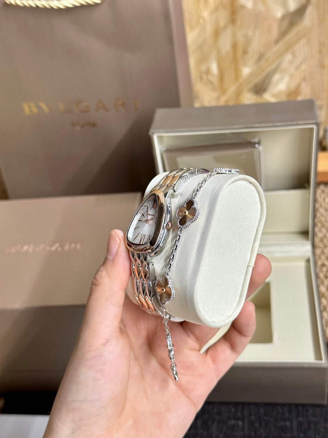 Bvlgari Serpenti Two-Tone Watch & Clover Bracelet Gift Set