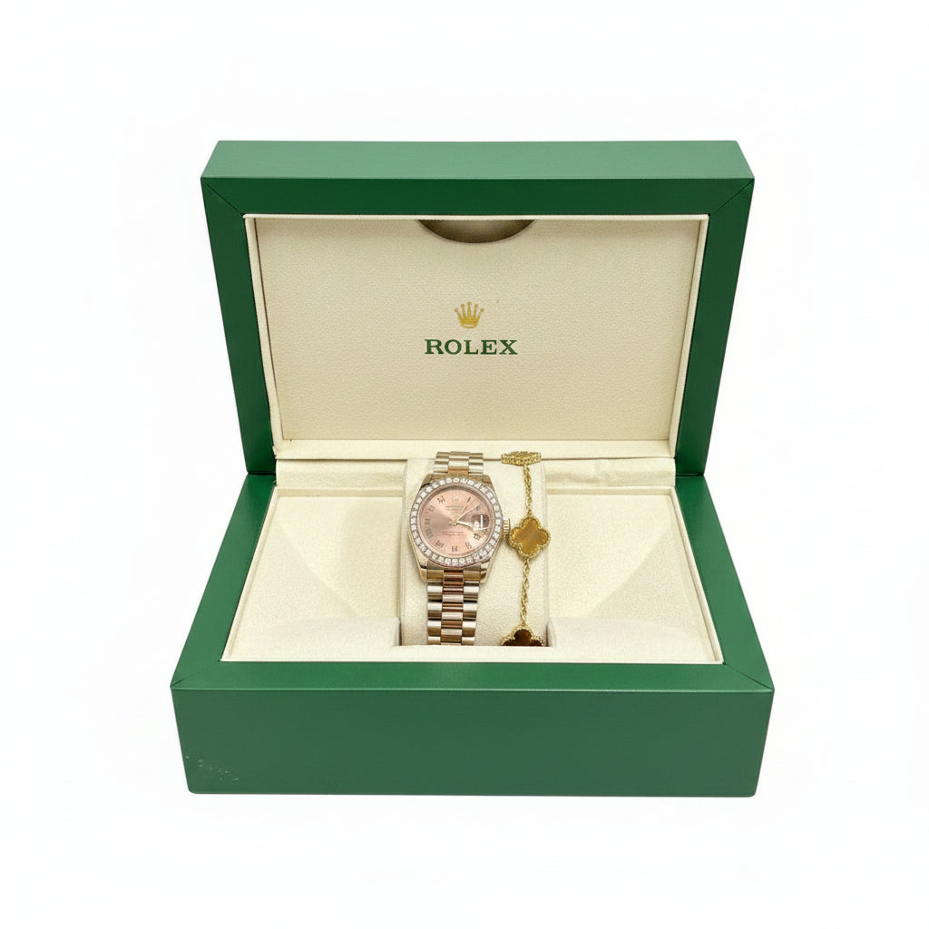 Rolex Datejust Ladies Rose Gold Watch & Clover Bracelet Gift Set