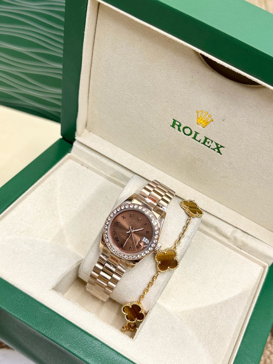 Rolex Datejust Ladies Rose Gold Watch & Clover Bracelet Gift Set
