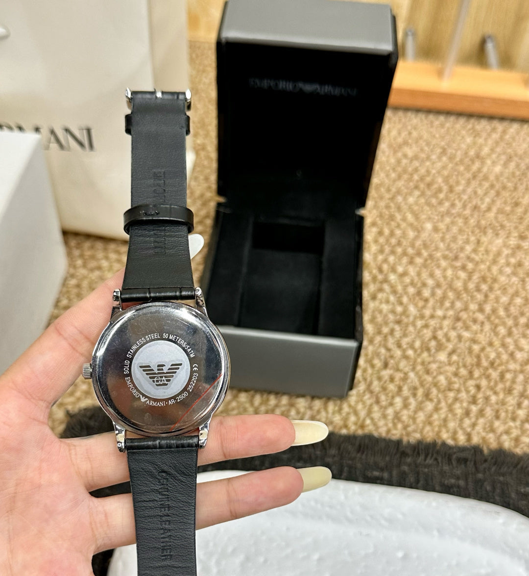 Emporio Armani Men's Classic Dress Watch – Grey Dial Black Leather Strap