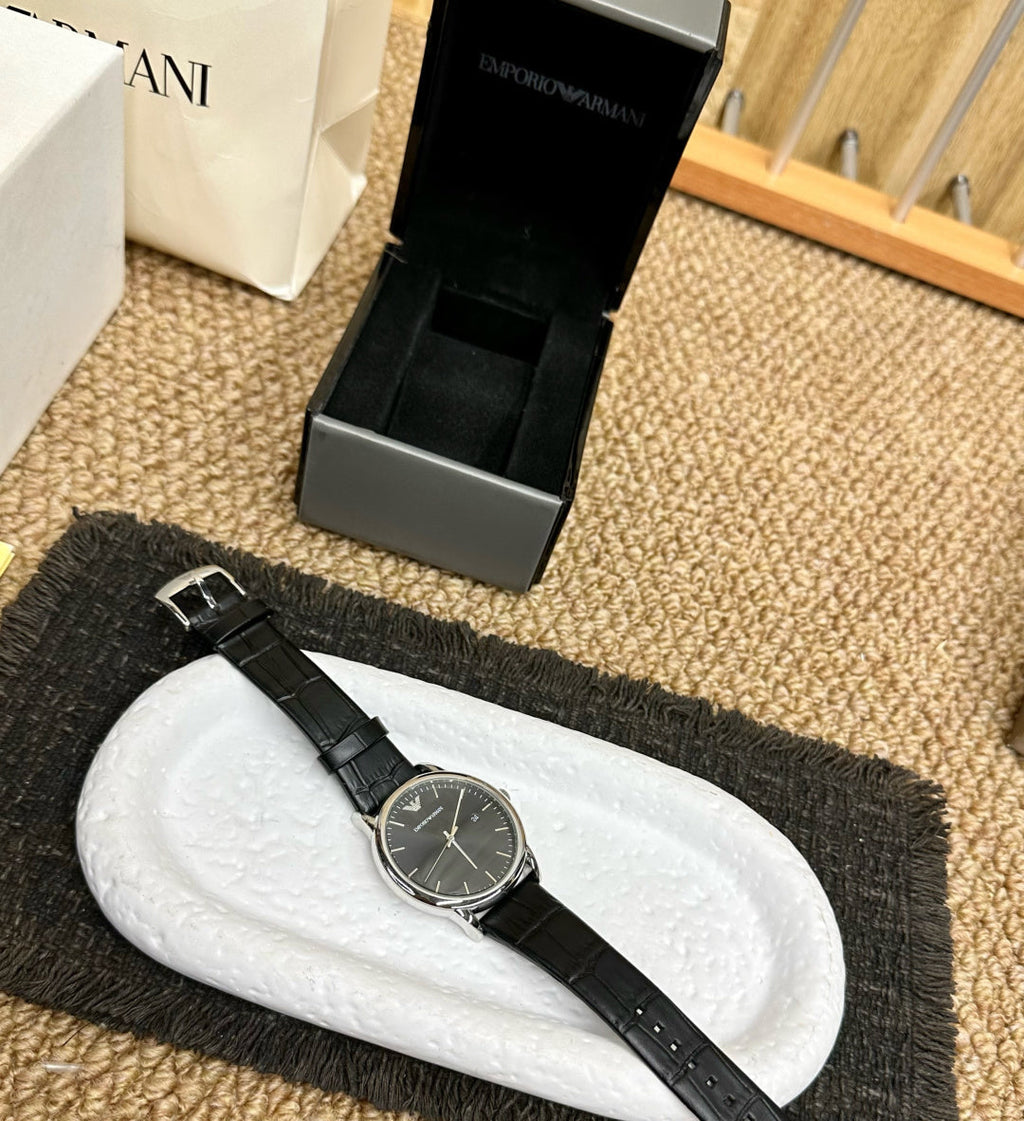 Emporio Armani Men's Classic Dress Watch – Grey Dial Black Leather Strap