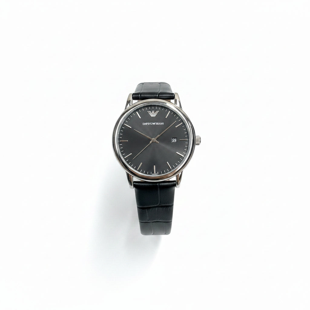 Emporio Armani Men's Classic Dress Watch – Grey Dial Black Leather Strap