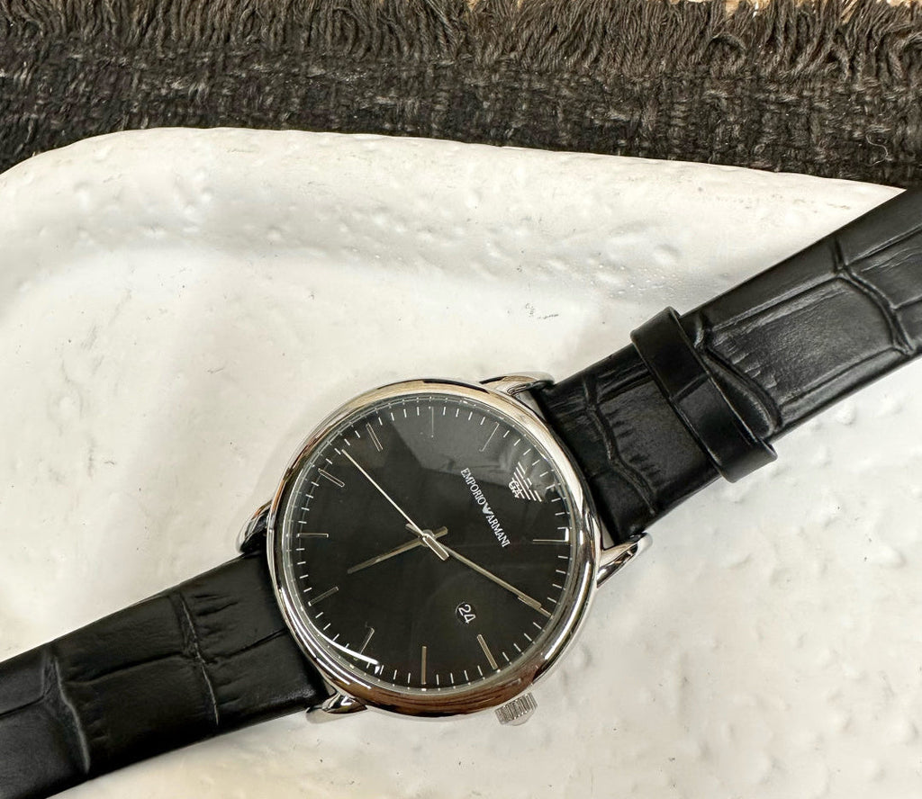 Emporio Armani Men's Classic Dress Watch – Grey Dial Black Leather Strap