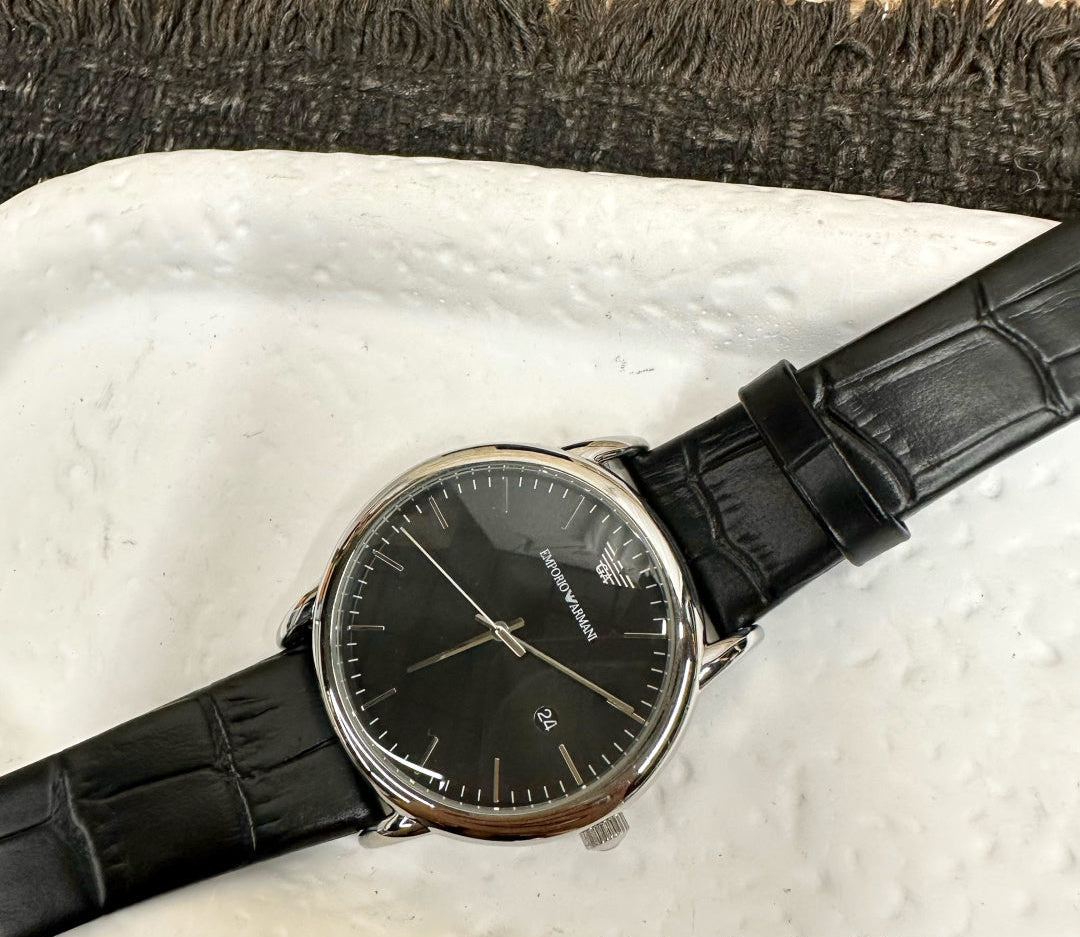 Emporio Armani Men's Classic Dress Watch – Grey Dial Black Leather Strap