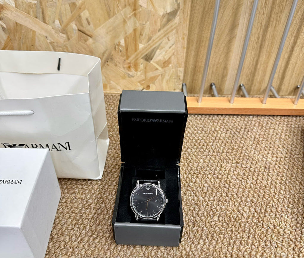 Emporio Armani Men's Classic Dress Watch – Grey Dial Black Leather Strap