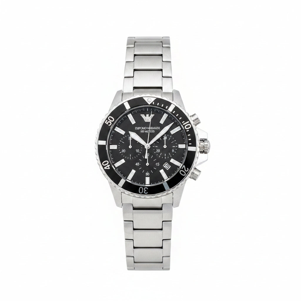 Emporio Armani Men's Diver Chronograph Watch – Silver Black Bezel