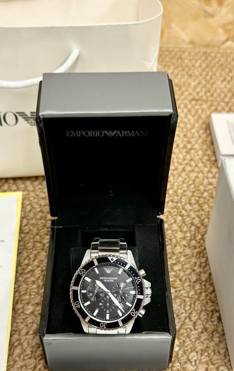 Emporio Armani Men's Diver Chronograph Watch – Silver Black Bezel