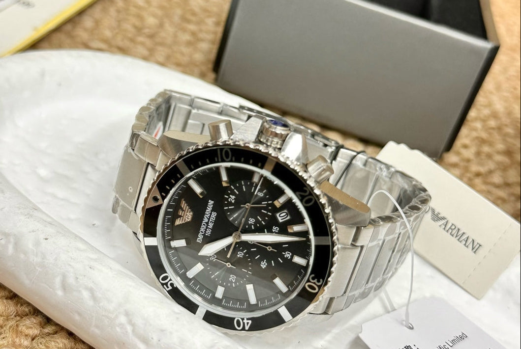 Emporio Armani Men's Diver Chronograph Watch – Silver Black Bezel