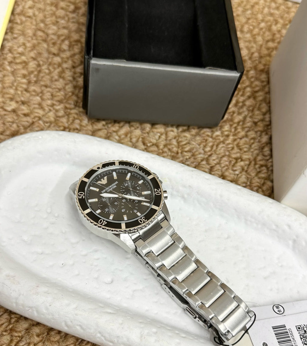 Emporio Armani Men's Diver Chronograph Watch – Silver Black Bezel