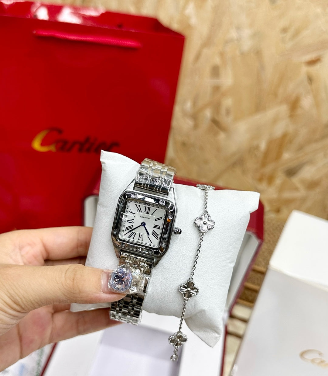 Cartier Santos Demoiselle Watch & Diamond Clover Bracelet Gift Set