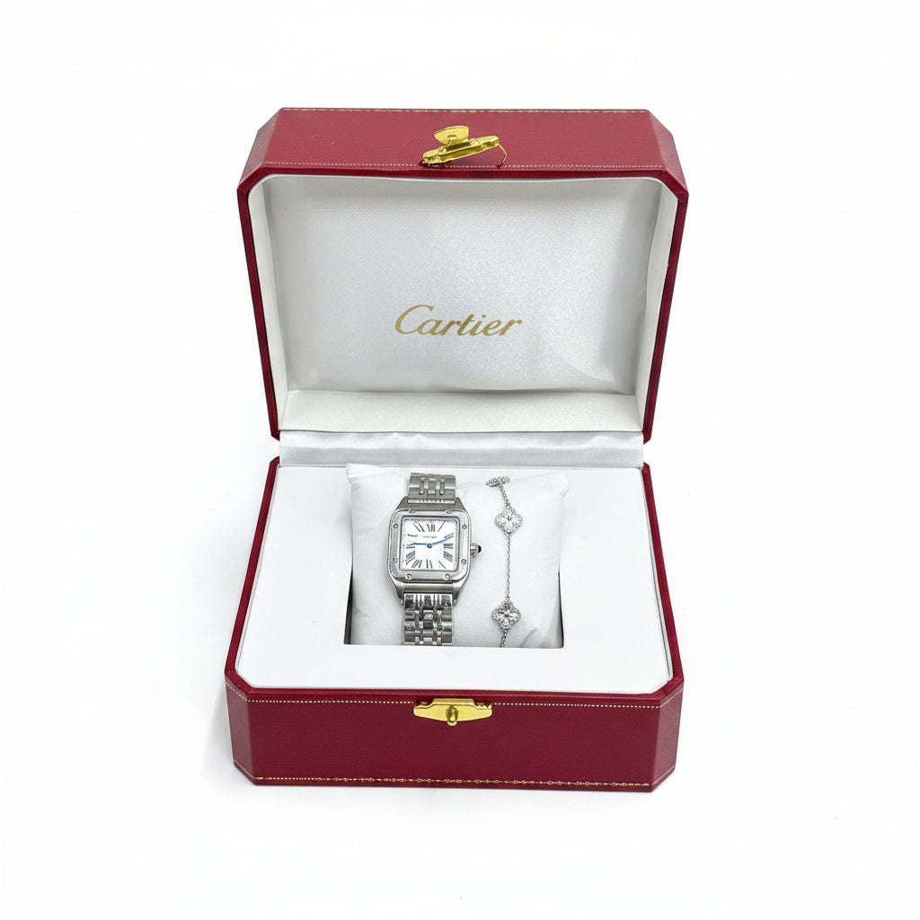 Cartier Santos Demoiselle Watch & Diamond Clover Bracelet Gift Set