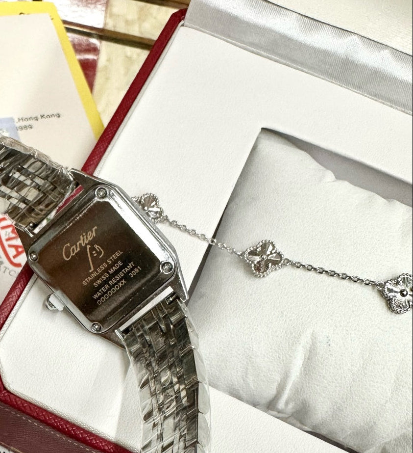 Cartier Santos Demoiselle Watch & Diamond Clover Bracelet Gift Set