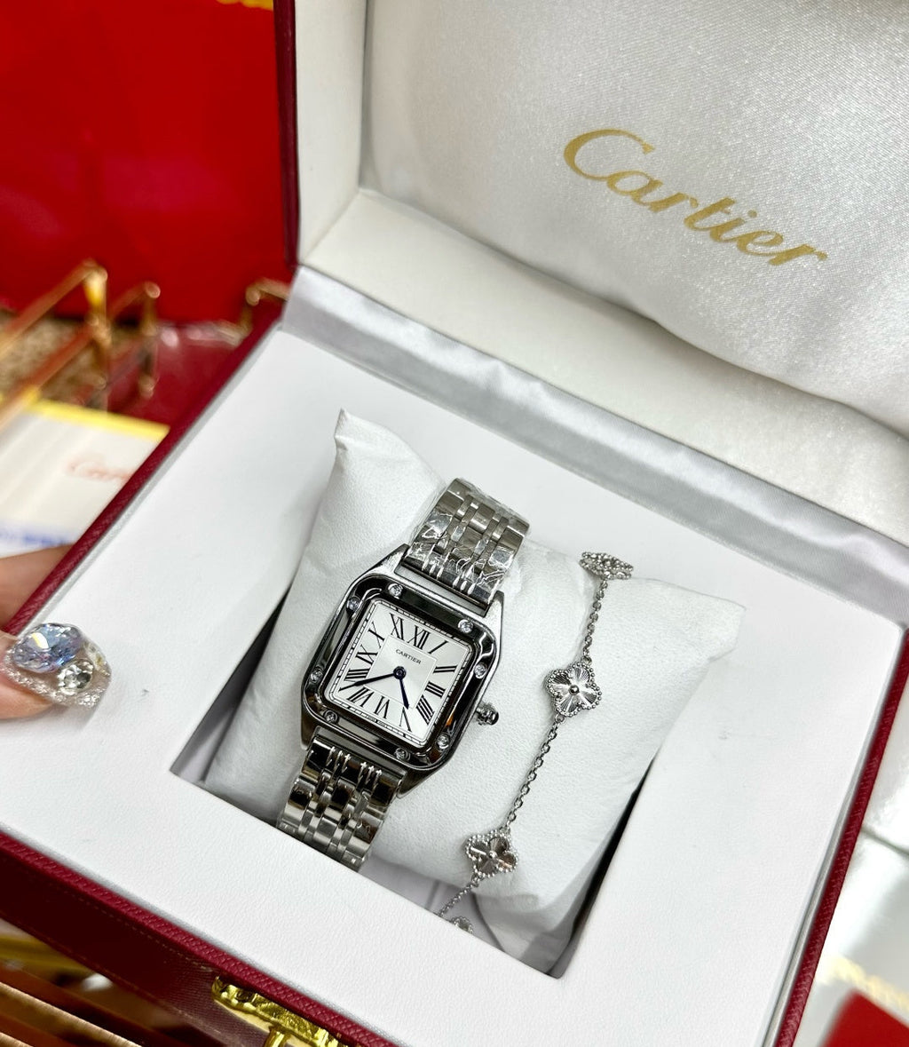 Cartier Santos Demoiselle Watch & Diamond Clover Bracelet Gift Set