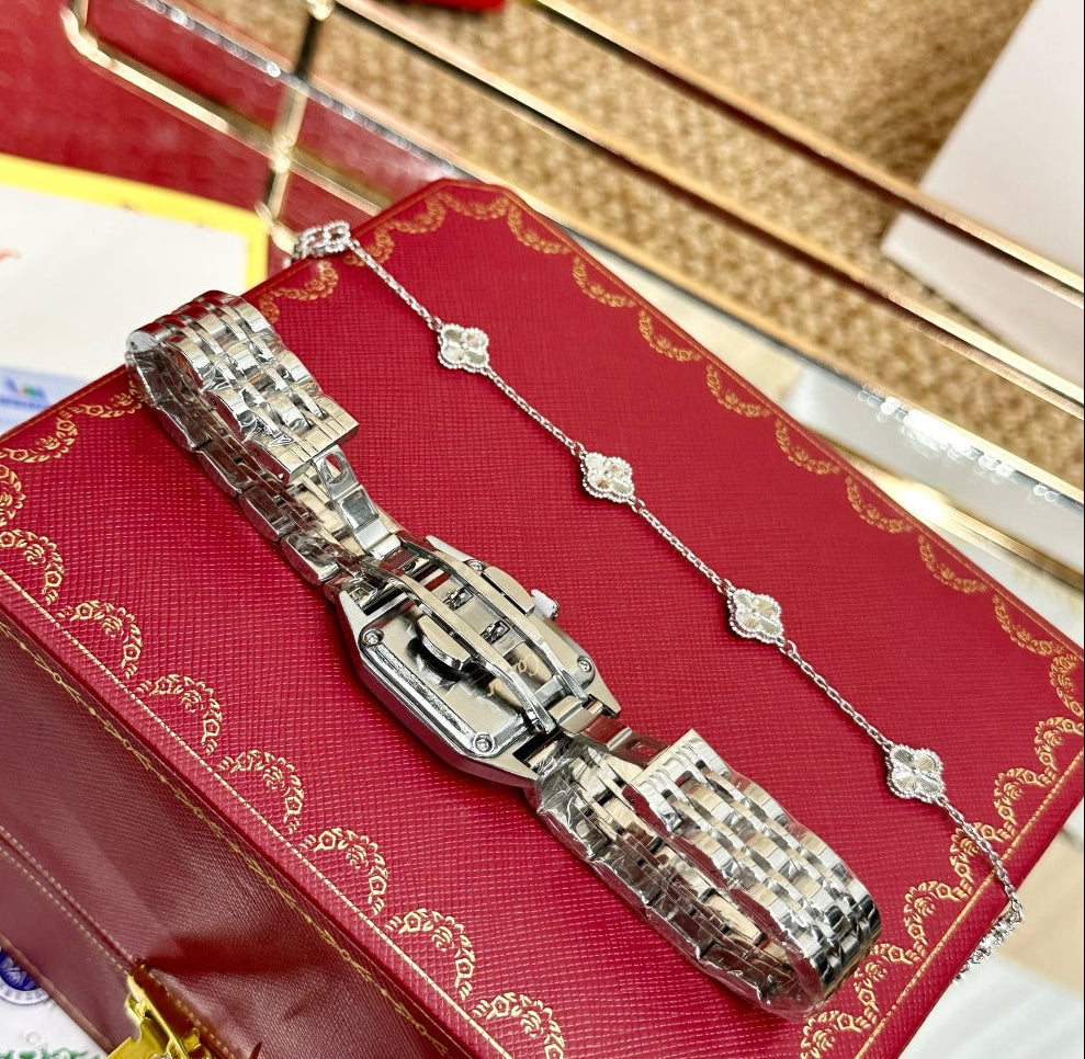 Cartier Santos Demoiselle Watch & Diamond Clover Bracelet Gift Set