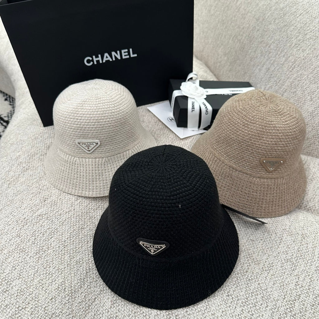 Prada Triangle Logo Ribbed Knit Bucket Hat