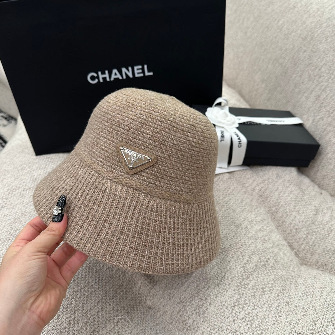 Prada Triangle Logo Ribbed Knit Bucket Hat
