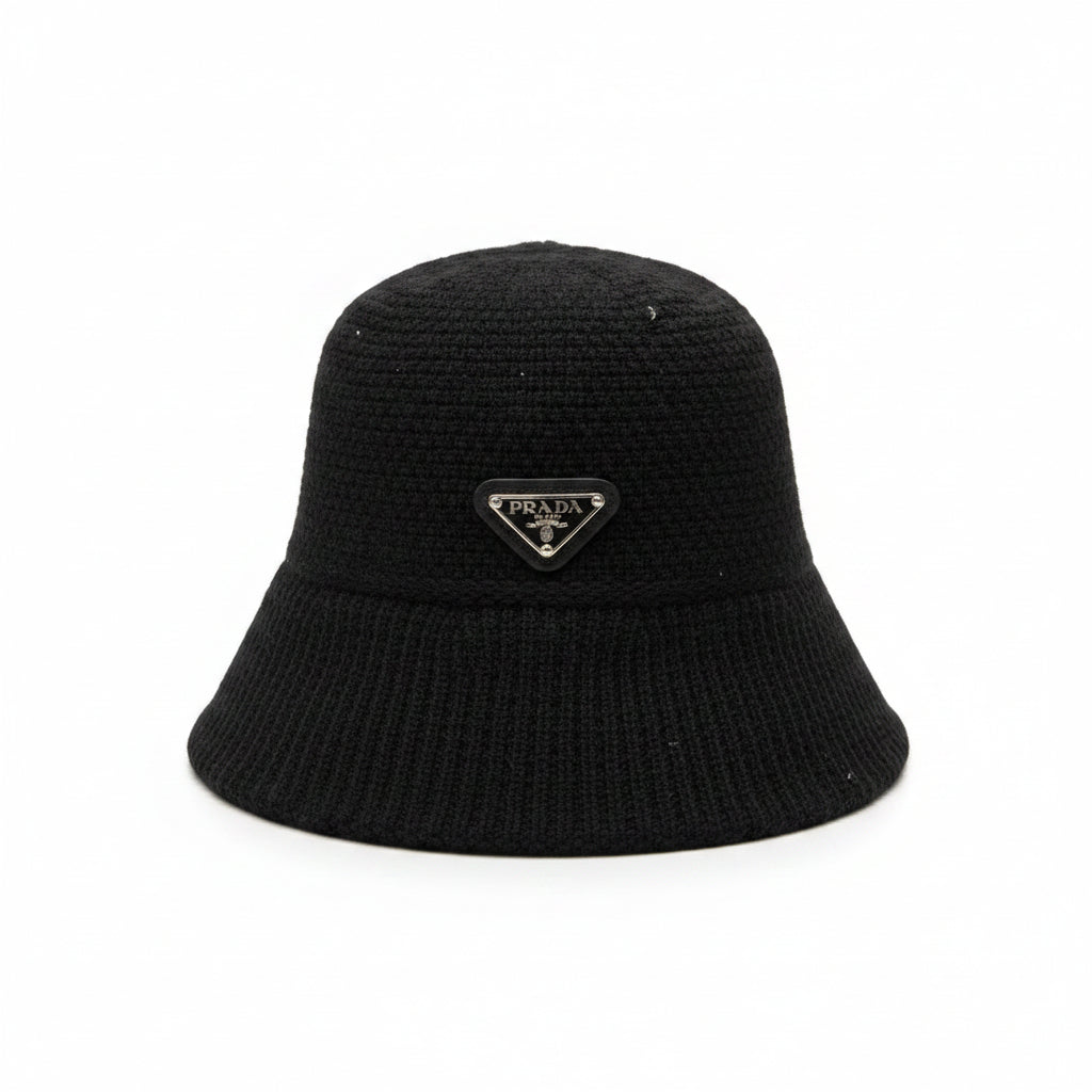 Prada Triangle Logo Ribbed Knit Bucket Hat