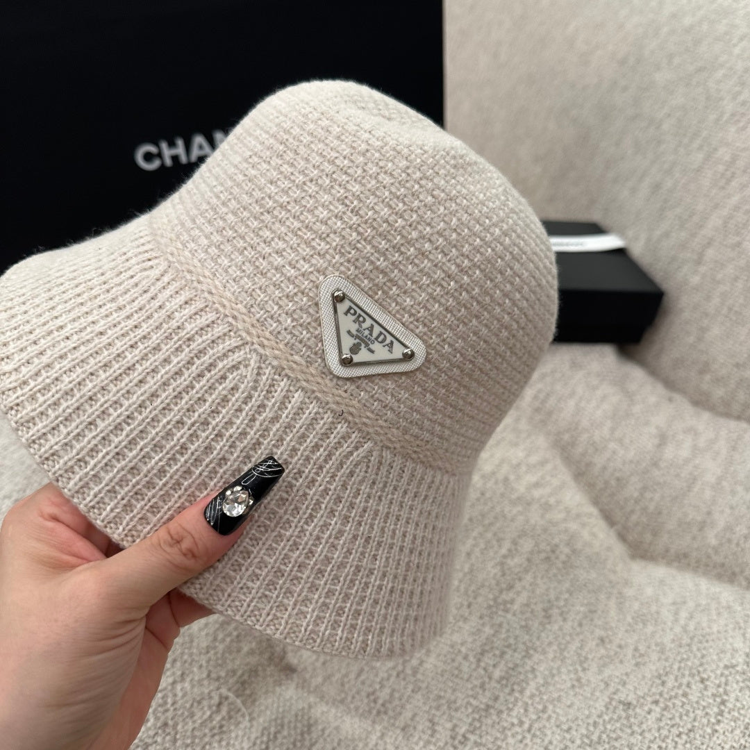 Prada Triangle Logo Ribbed Knit Bucket Hat