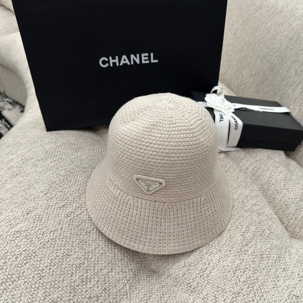 Prada Triangle Logo Ribbed Knit Bucket Hat