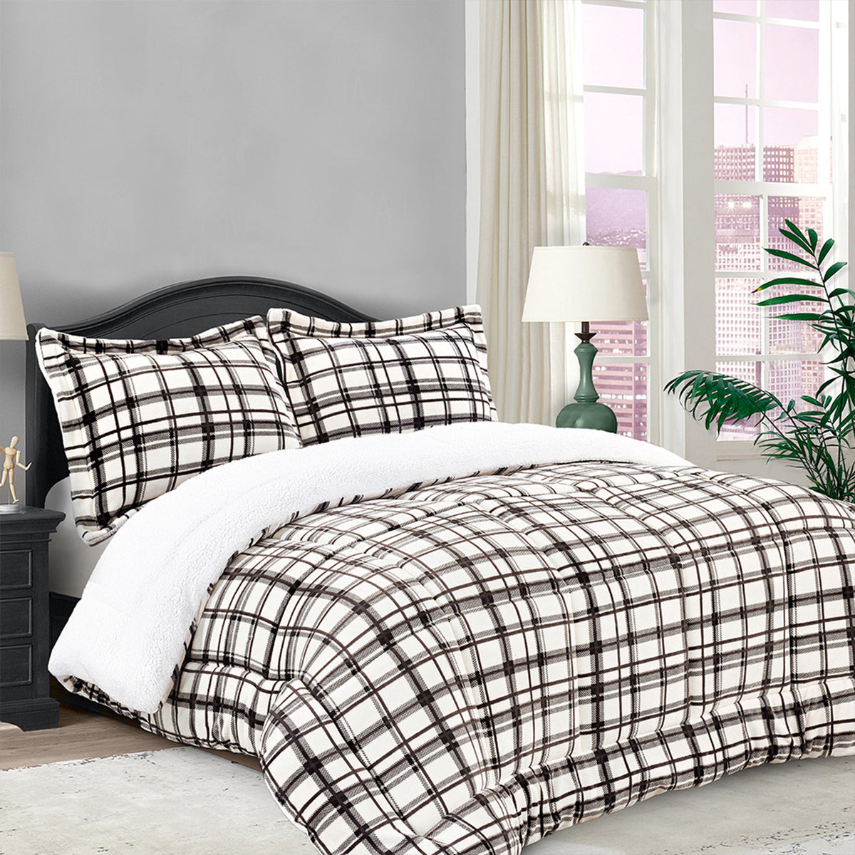 Elegant Comfort 3-Piece Plaid Micro-Suede Reversible Sherpa - Comforter Set