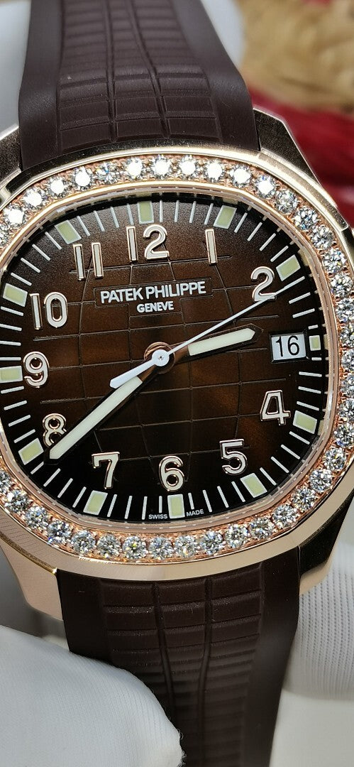 Patek Philippe Aquanaut Luce 5067 – Rose Gold Diamond Bezel Black Dial Arabic Numerals Date Brown Rubber Strap