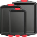Three-Pan Gray Baking Sheet Set or Nine-Piece Kit with Six Utensils and Red Silicone Grips