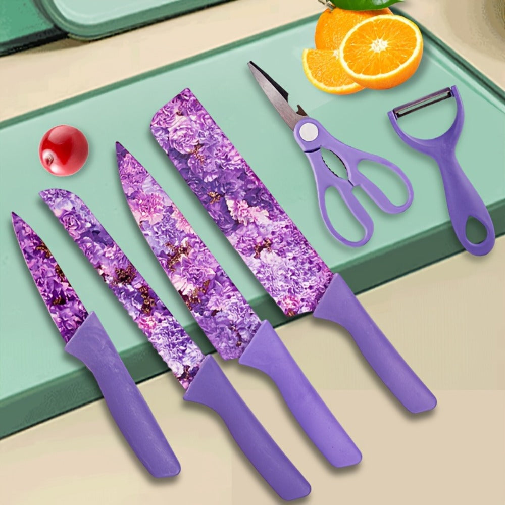 Kitchen Knife Set 6-Piece Floral High-Carbon Stainless Steel with Cleaver, Bread Knife, Shears and Peeler