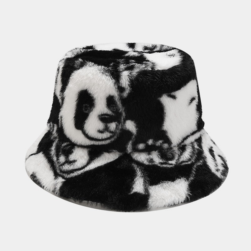 Panda-Muster Plüsch-Bucket-Hat – faltbar, warm, ganzjährig