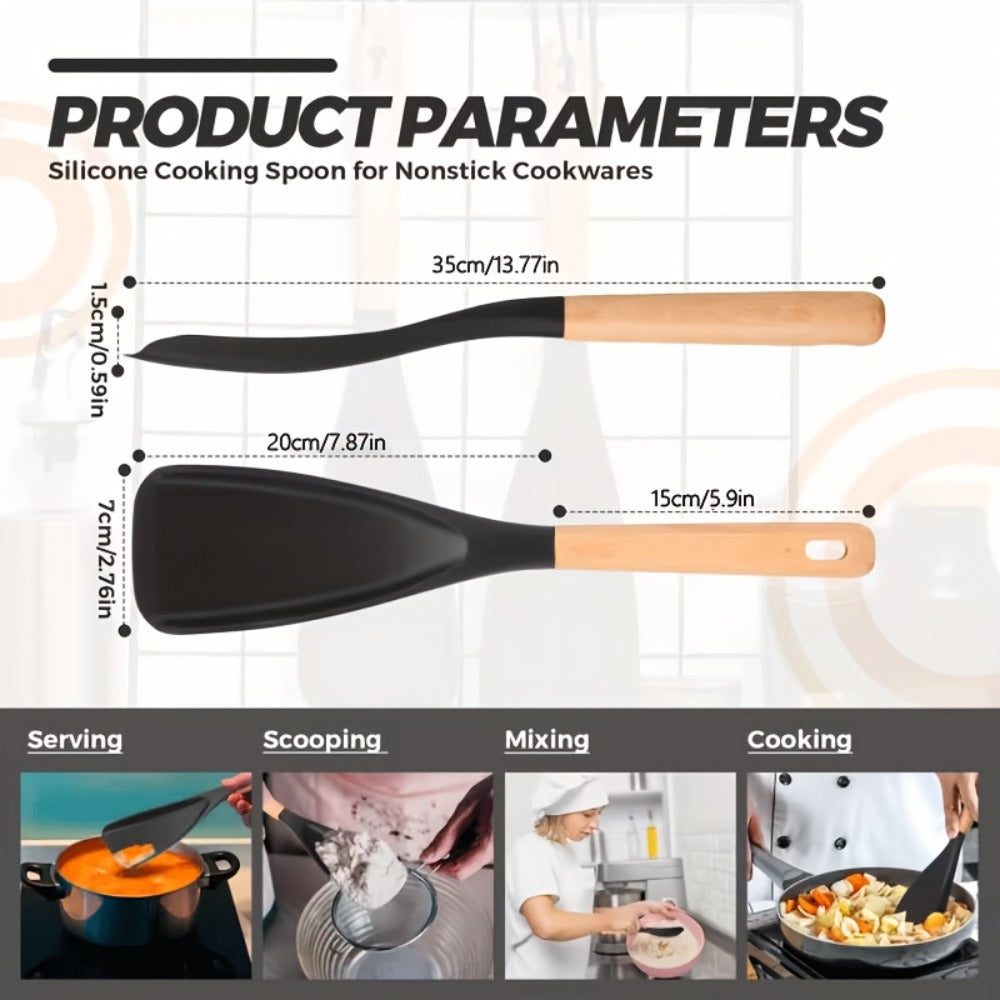 Silicone Cooking Spoon with Wooden Handle 12 Inch - Heat Resistant Nonstick Safe Kitchen Spoon for Cooking Serving Mixing Scraping