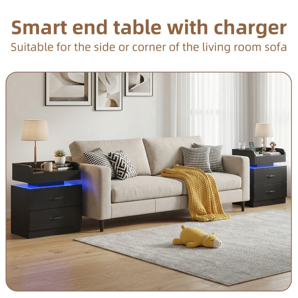 Bedside Table in Black or White in a Tray-Top Two-Drawer Charging Station Nightstand Design with LED Light