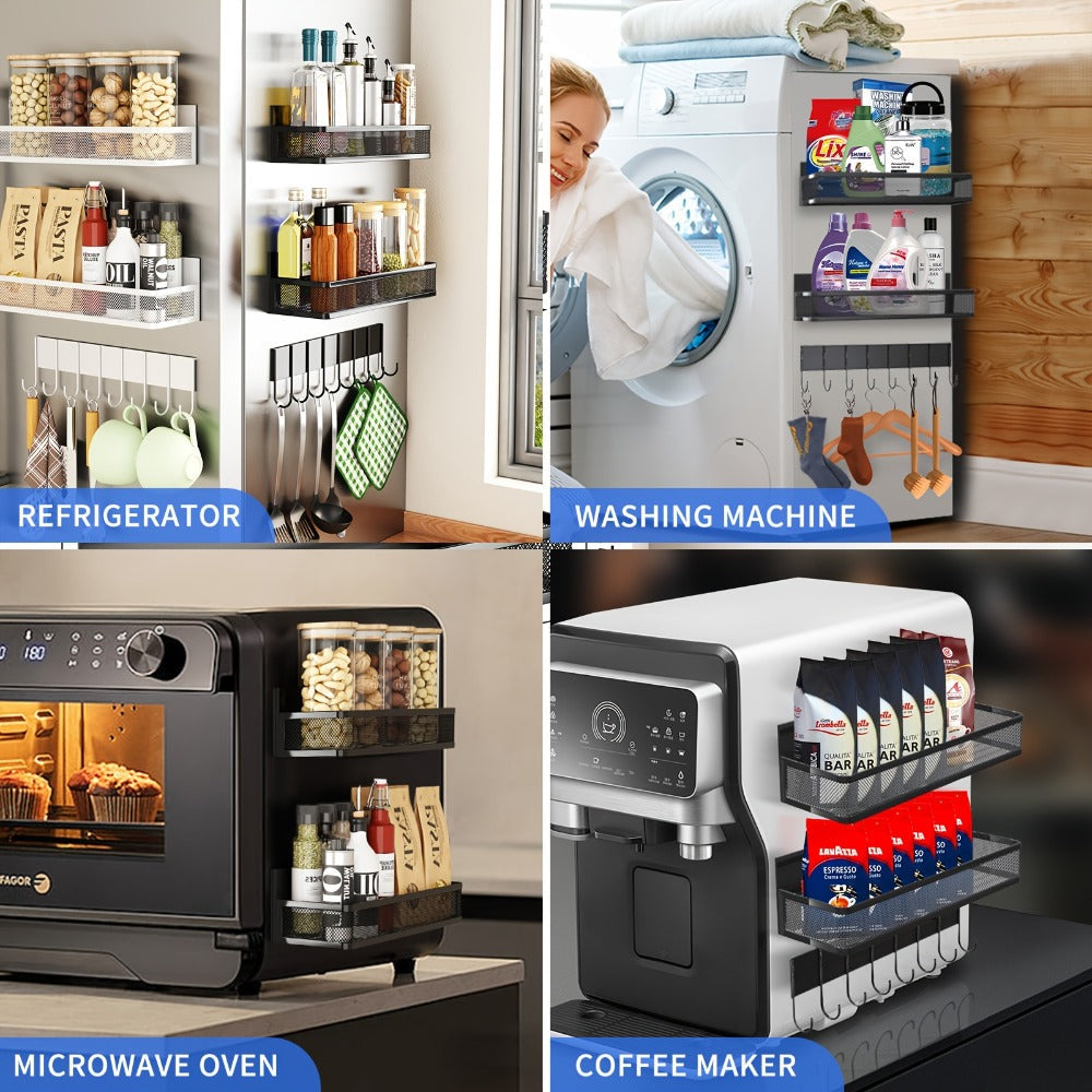 Kitchen Organizer Magnetic Refrigerator Shelf 4-Piece Set with Hooks for Metal Appliance Surfaces