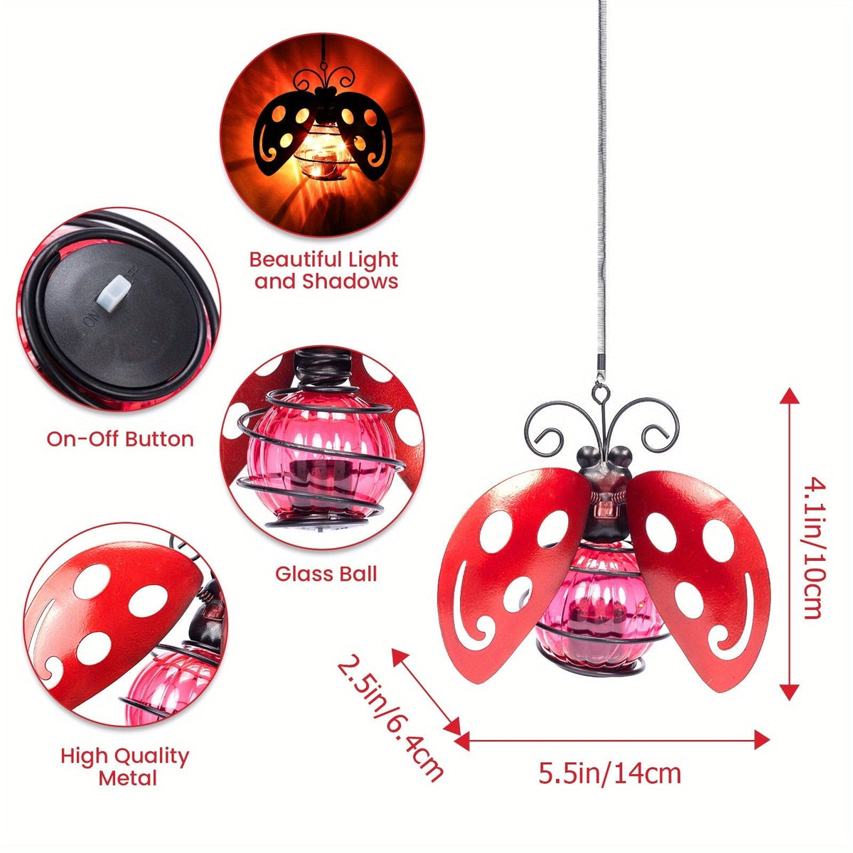 Solar Hanging Ornament Lights Ladybug & Butterfly, Indoor Outdoor Decorative Garden Light with Spring Clips for Patio