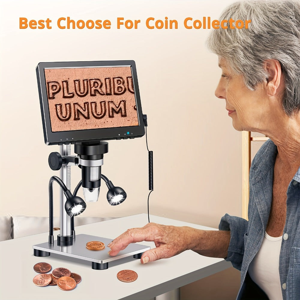 DM9 7-Inch Digital Microscope with Eight Lens LEDs, Two Side Lights and Tilting Screen for Coin and PCB Inspection