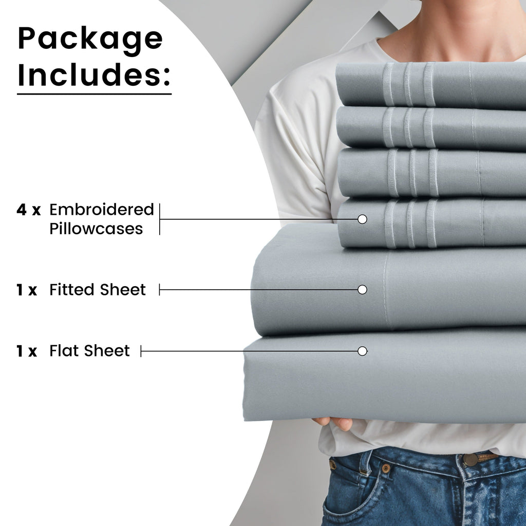 Fitted Sheet Set 6-Piece Brushed Polyester Deep Pocket Bed Sheets 20 Colors Hotel Luxury Bedding with Embroidered Pillowcases