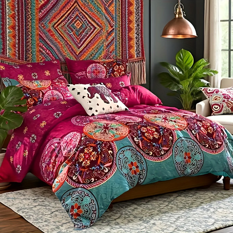 Bohemian Floral Quilt Comforter Set – Soft Microfiber Lightweight Bedding for All Seasons, Twin Queen King – Rose Red, Scarlet & Dark Pink
