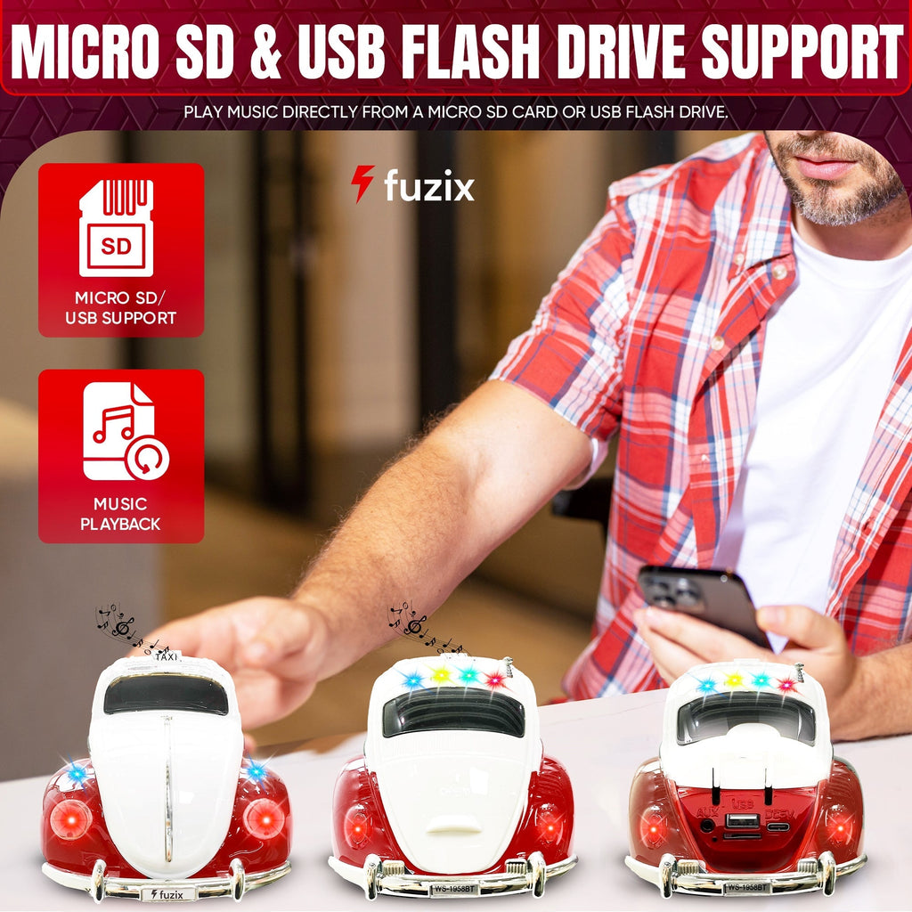 Fuzix WS-1958 Vintage Car Bluetooth Speaker with LED Headlights & Taillights | Retro Wireless Stereo, FM Radio, AUX/USB/TF, Built-in Mic, Rechargeable – Novelty Gift for Car Enthusiasts & Music Lovers