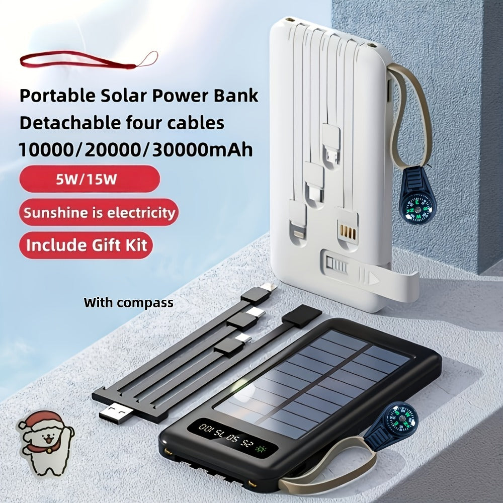 Solar Power Bank for Portable Device Charging, Built-In Cables and Digital Display, 10000-30000mAh