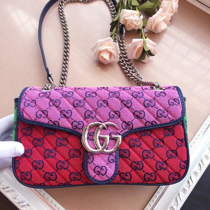 Gucci GG Marmont Small Shoulder Bag – Multicolour Quilted GG Canvas Pink Red Yellow Green