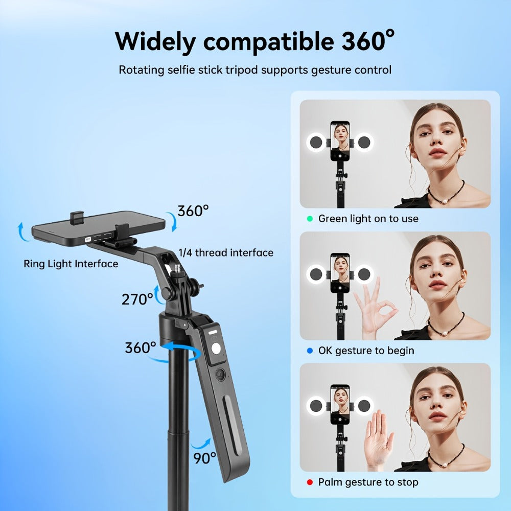 70-Inch Black Tracking Selfie Stick Tripod with Round Fill Light, Floor Base, Remote and Three Light Settings