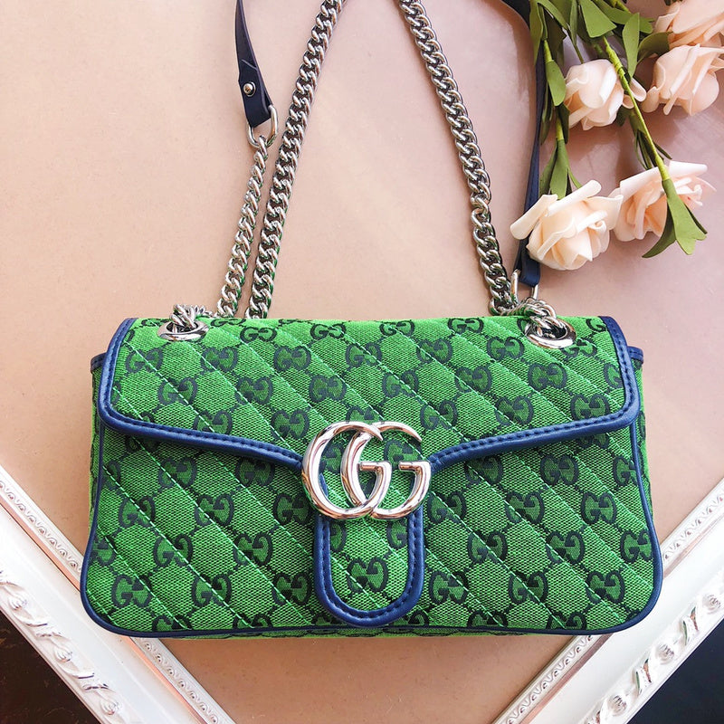 Gucci GG Marmont Small Shoulder Bag – Quilted GG Canvas Pink Purple & Green Navy