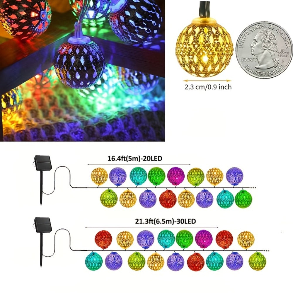 Moroccan Solar String Lights Outdoor - Metal Sphere Fairy Lights with 20/30/50 LED Beads, 8 Modes