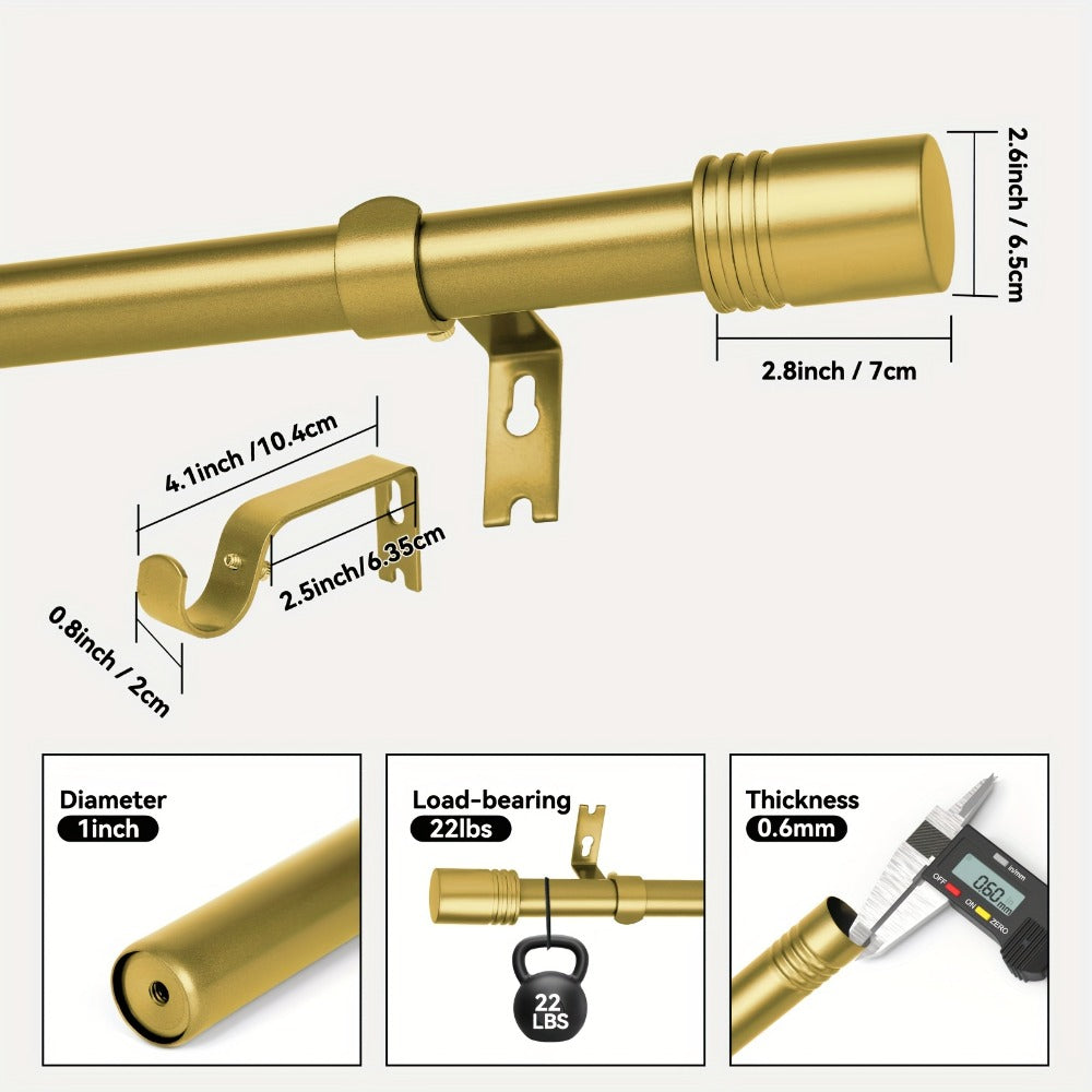 Curtain Rod, One-Inch Adjustable Rounded Cup Finials in Black, Brushed Nickel or Gold Finish, One-Inch Adjustable