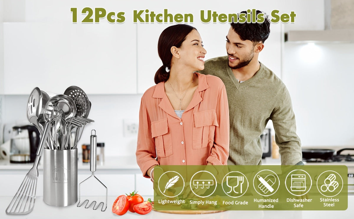 Kitchen Utensils 12-Piece Set with Eleven Cooking Tools and a Stainless Steel Countertop Holder