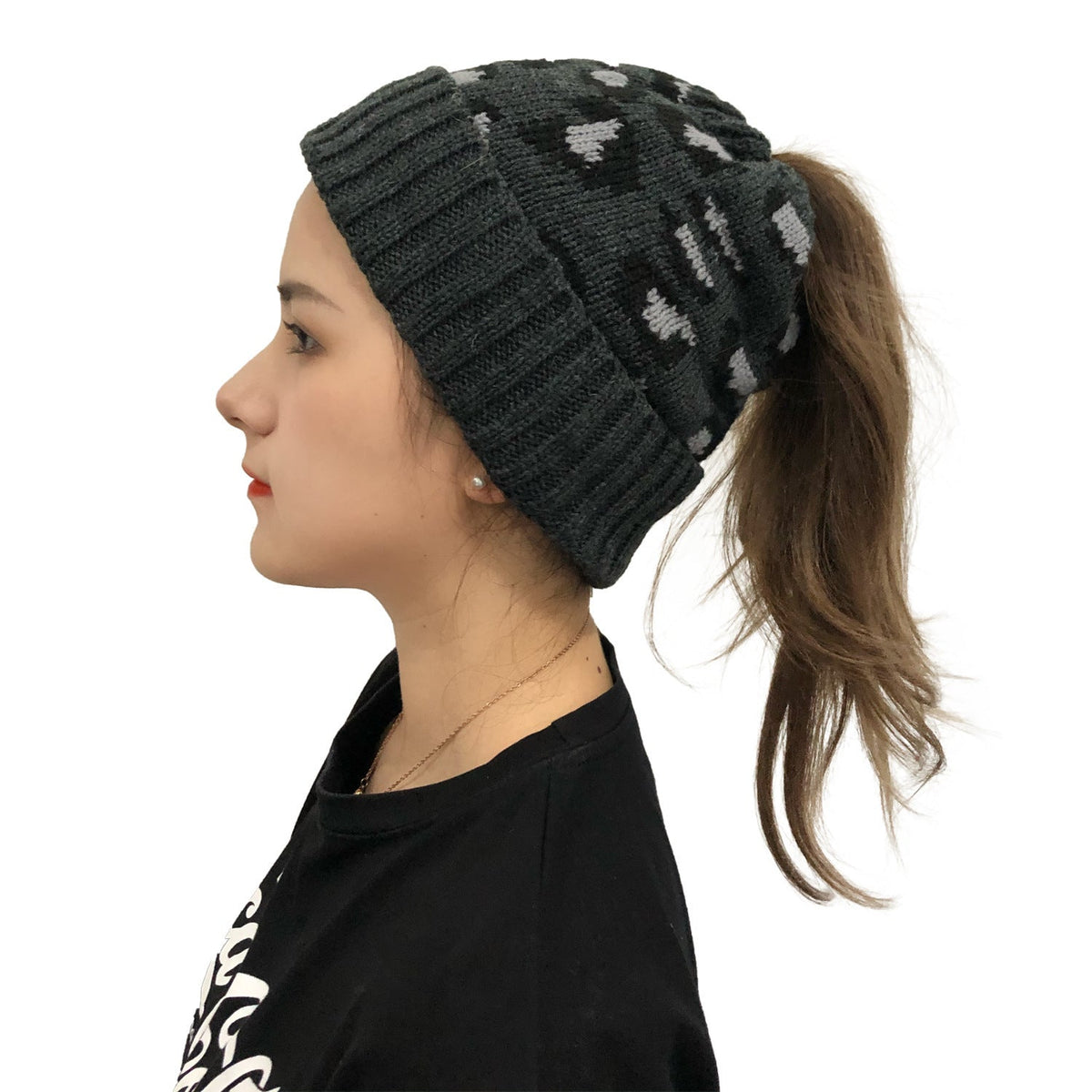 Chambers Damen-Beanie aus Jacquard-Wollstrick mit Leopardenmuster – mit Umschlag, 5 Farben