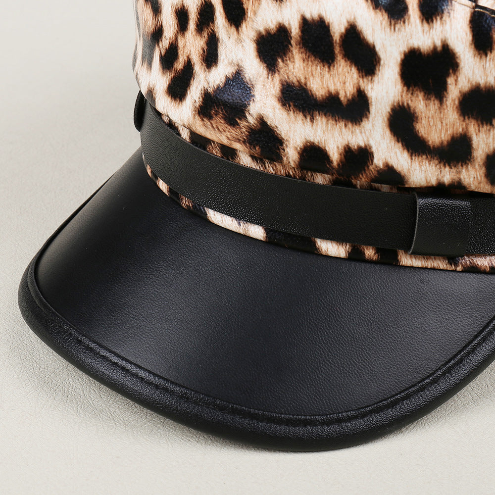 Finn Leopard Print Faux Leather Beret Hat