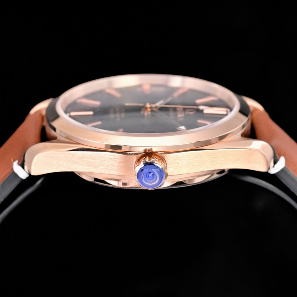 Omega Seamaster Aqua Terra – Rose Gold Black Sunburst Dial Rose Gold Indices Arrow Hands Date Tan Leather Strap